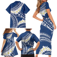 Polynesian Vintage Floral Family Matching Short Sleeve Bodycon Dress and Hawaiian Shirt Navy Blue Motifs LT7 - Polynesian Pride