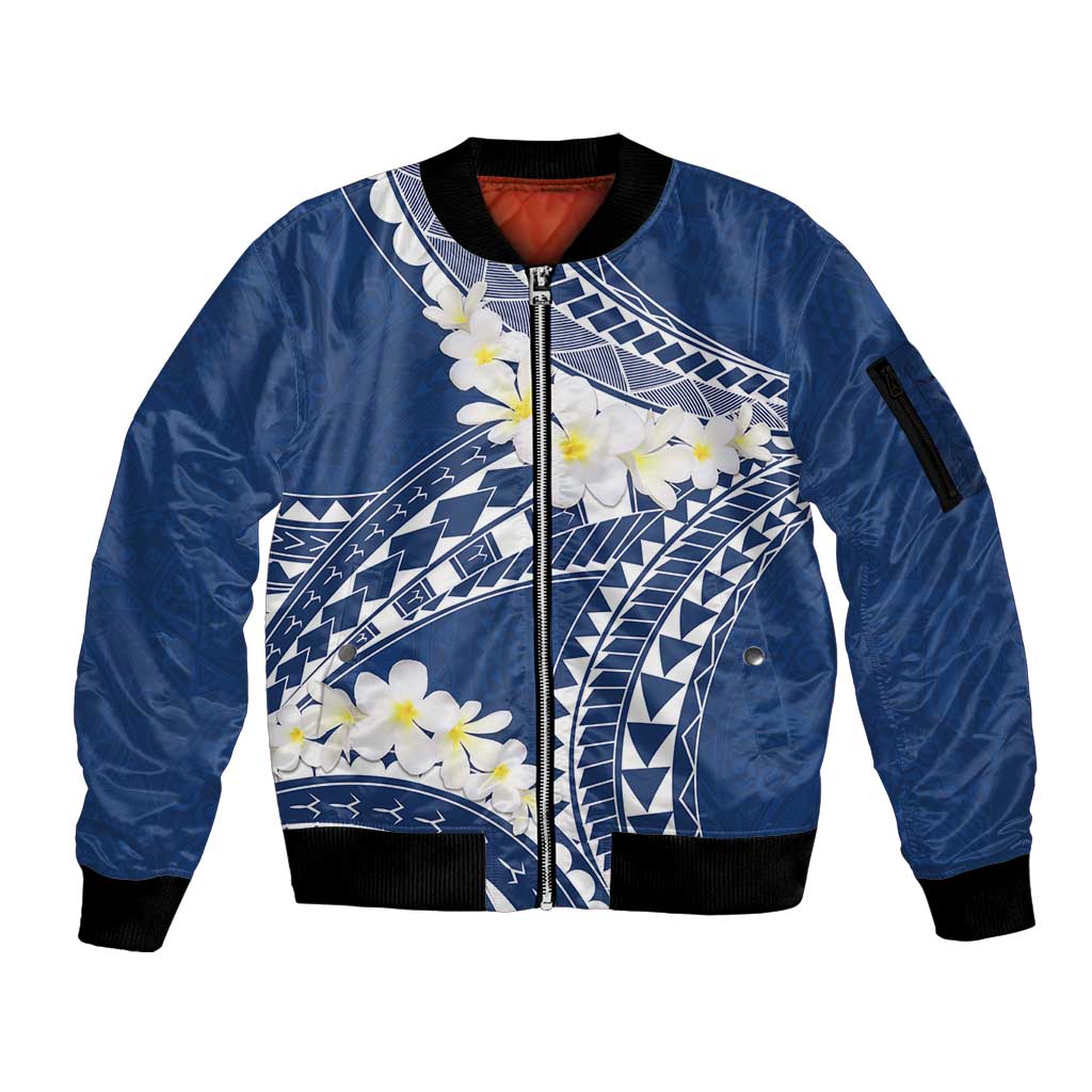 Polynesian Vintage Floral Sleeve Zip Bomber Jacket Navy Blue Motifs - Polynesian Pride