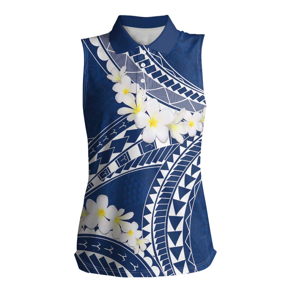 Polynesian Vintage Floral Women Sleeveless Polo Shirt Navy Blue Motifs - Polynesian Pride