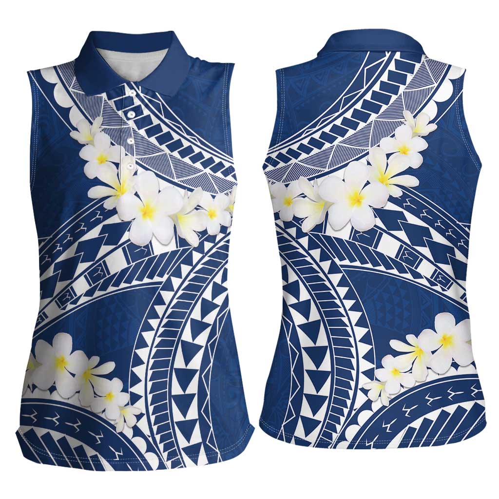 Polynesian Vintage Floral Women Sleeveless Polo Shirt Navy Blue Motifs - Polynesian Pride