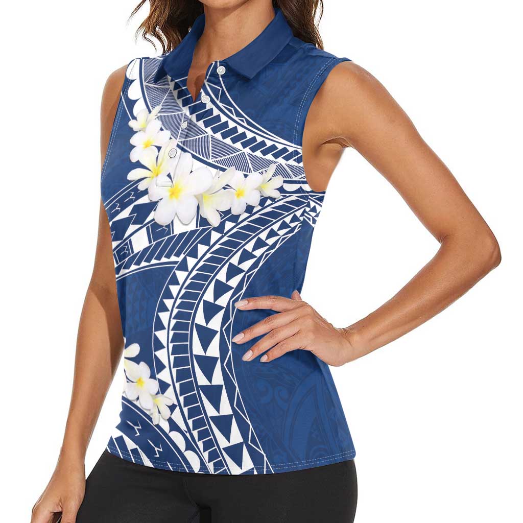 Polynesian Vintage Floral Women Sleeveless Polo Shirt Navy Blue Motifs - Polynesian Pride