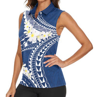 Polynesian Vintage Floral Women Sleeveless Polo Shirt Navy Blue Motifs - Polynesian Pride