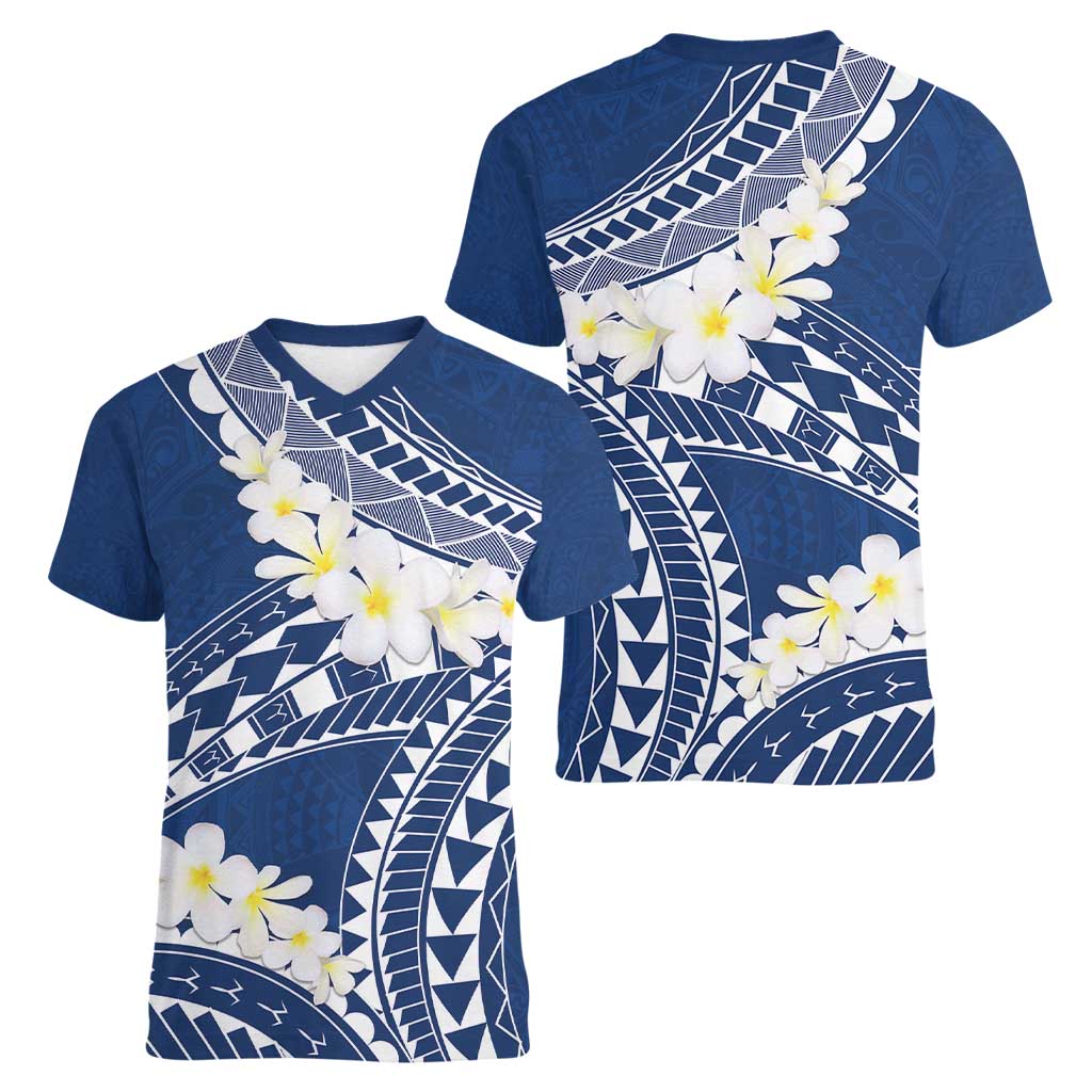 Polynesian Vintage Floral Women V-Neck T-Shirt Navy Blue Motifs - Polynesian Pride