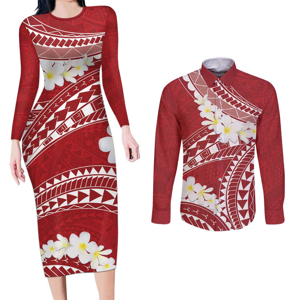 Polynesian Vintage Floral Couples Matching Long Sleeve Bodycon Dress and Long Sleeve Button Shirt Scarlet Motifs LT7 Scarlet - Polynesian Pride