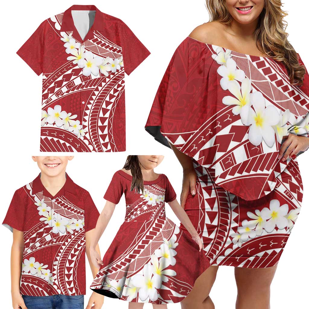Polynesian Vintage Floral Family Matching Off Shoulder Short Dress and Hawaiian Shirt Scarlet Motifs - Polynesian Pride
