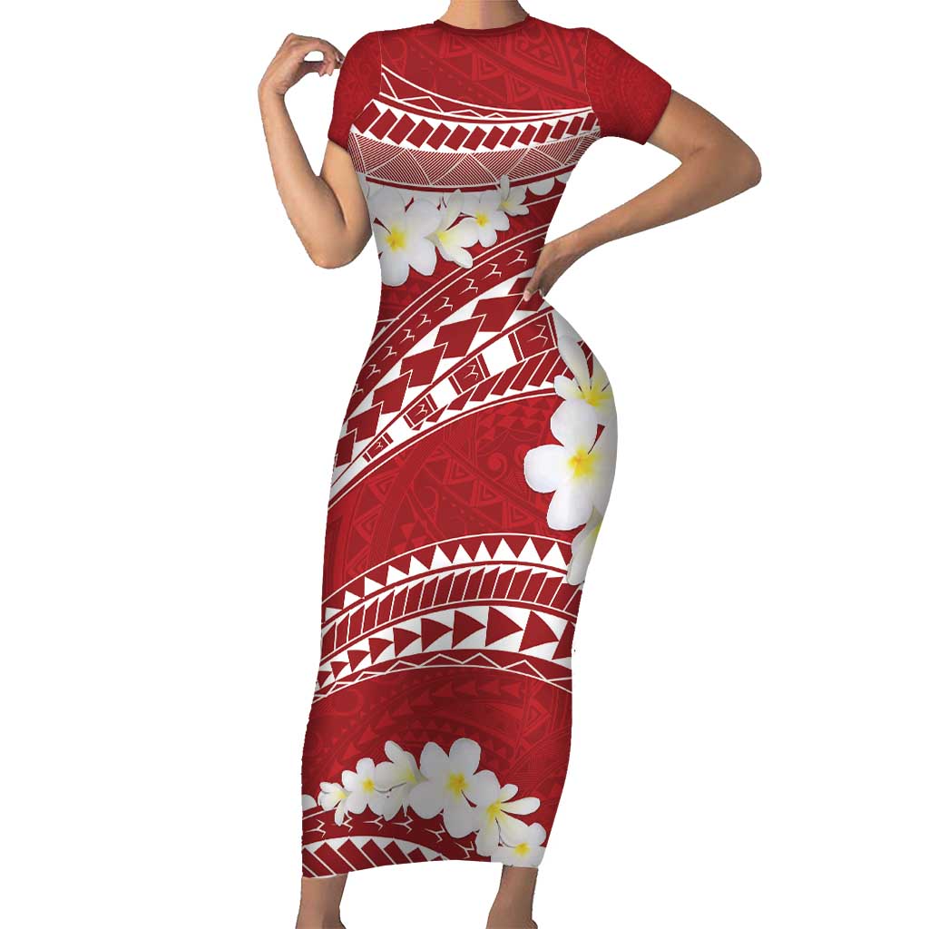 Polynesian Vintage Floral Short Sleeve Bodycon Dress Scarlet Motifs LT7 Long Dress Scarlet - Polynesian Pride