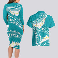 Polynesian Vintage Floral Couples Matching Long Sleeve Bodycon Dress and Hawaiian Shirt Teal Motifs LT7 - Polynesian Pride