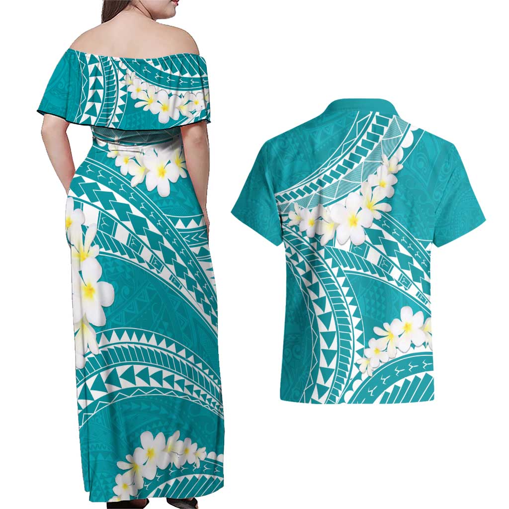 Polynesian Vintage Floral Couples Matching Off Shoulder Maxi Dress and Hawaiian Shirt Teal Motifs - Polynesian Pride
