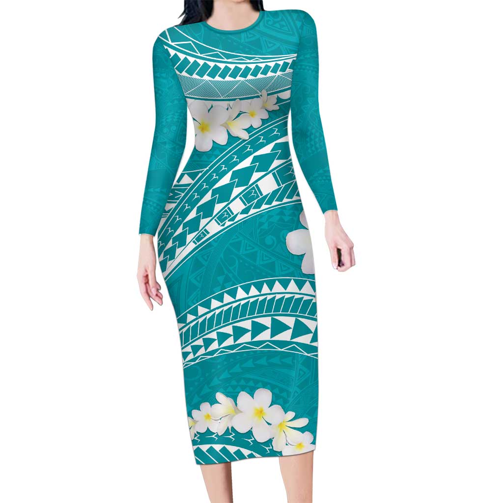 Polynesian Vintage Floral Family Matching Long Sleeve Bodycon Dress and Hawaiian Shirt Teal Motifs LT7 Mom's Dress Teal - Polynesian Pride