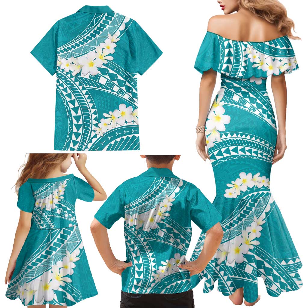 Polynesian Vintage Floral Family Matching Mermaid Dress and Hawaiian Shirt Teal Motifs LT7 - Polynesian Pride