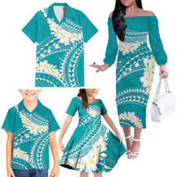 Polynesian Vintage Floral Family Matching Off The Shoulder Long Sleeve Dress and Hawaiian Shirt Teal Motifs - Polynesian Pride