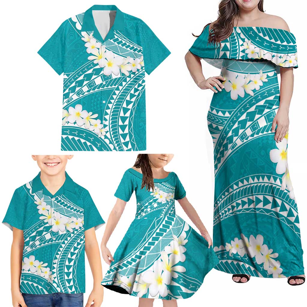 Polynesian Vintage Floral Family Matching Off Shoulder Maxi Dress and Hawaiian Shirt Teal Motifs - Polynesian Pride