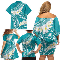 Polynesian Vintage Floral Family Matching Off Shoulder Short Dress and Hawaiian Shirt Teal Motifs - Polynesian Pride