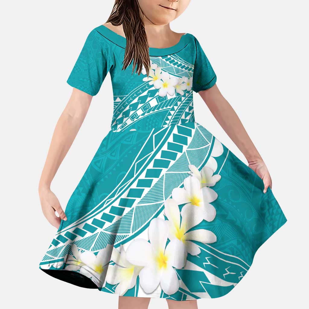 Polynesian Vintage Floral Family Matching Puletasi and Hawaiian Shirt Teal Motifs LT7 Daughter's Dress Teal - Polynesian Pride