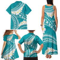 Polynesian Vintage Floral Family Matching Tank Maxi Dress and Hawaiian Shirt Teal Motifs - Polynesian Pride