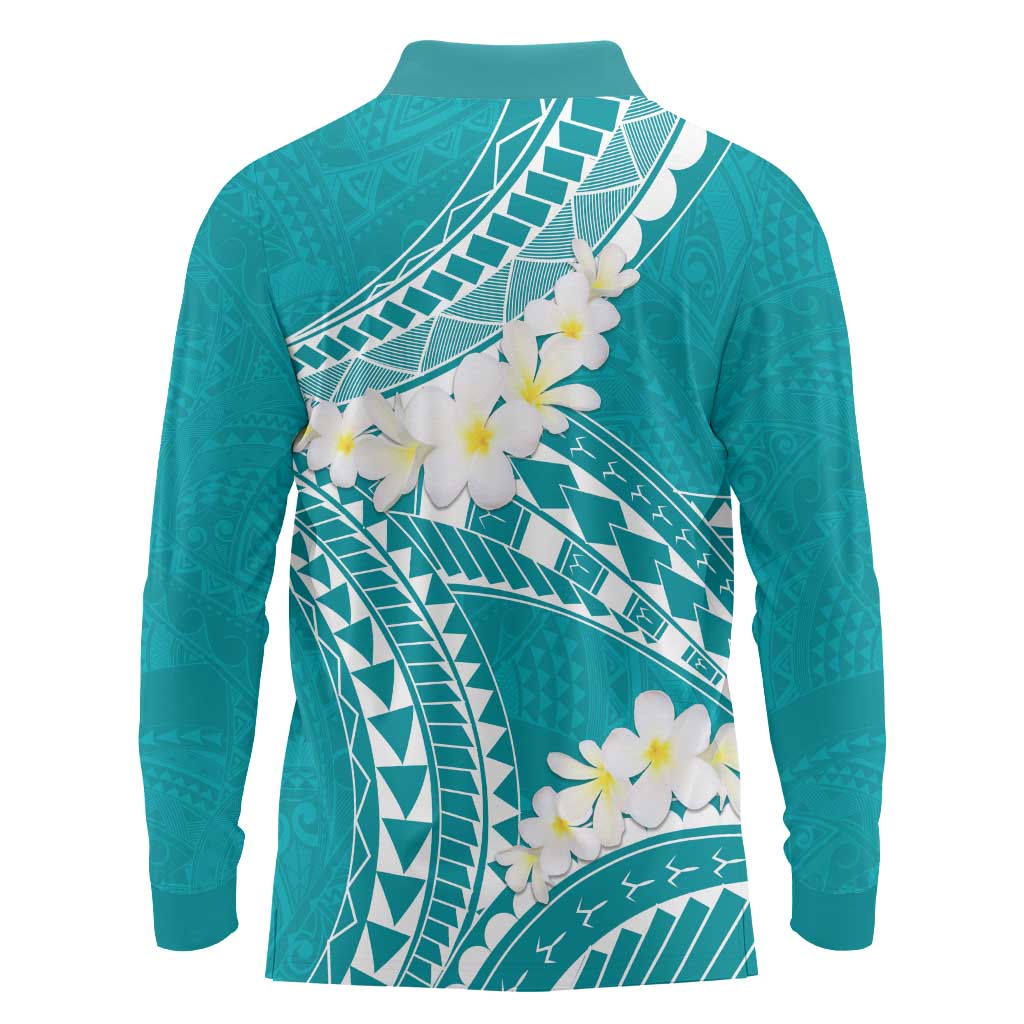 Polynesian Vintage Floral Long Sleeve Polo Shirt Teal Motifs LT7 - Polynesian Pride