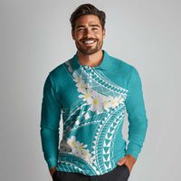 Polynesian Vintage Floral Long Sleeve Polo Shirt Teal Motifs LT7 - Polynesian Pride