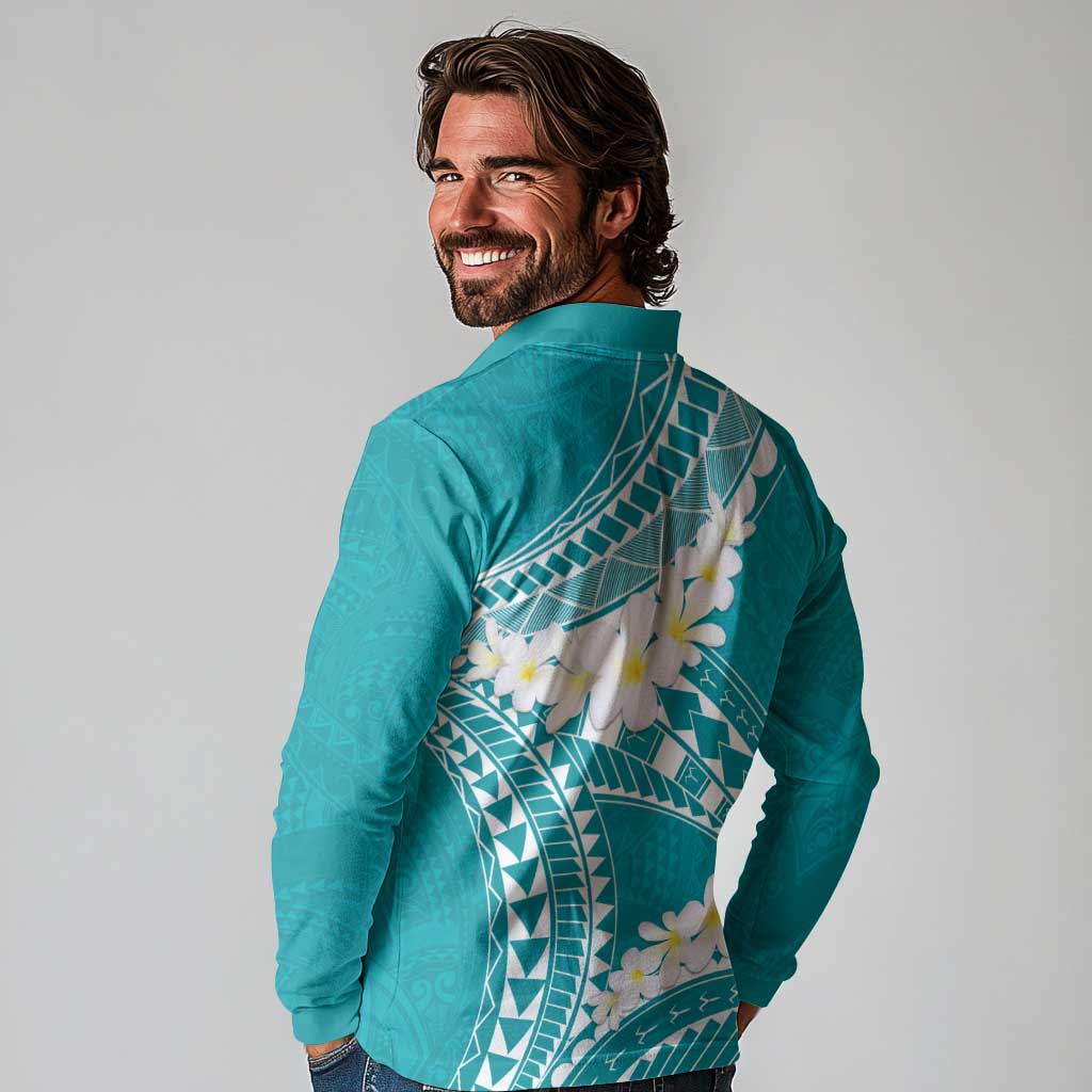 Polynesian Vintage Floral Long Sleeve Polo Shirt Teal Motifs LT7 - Polynesian Pride