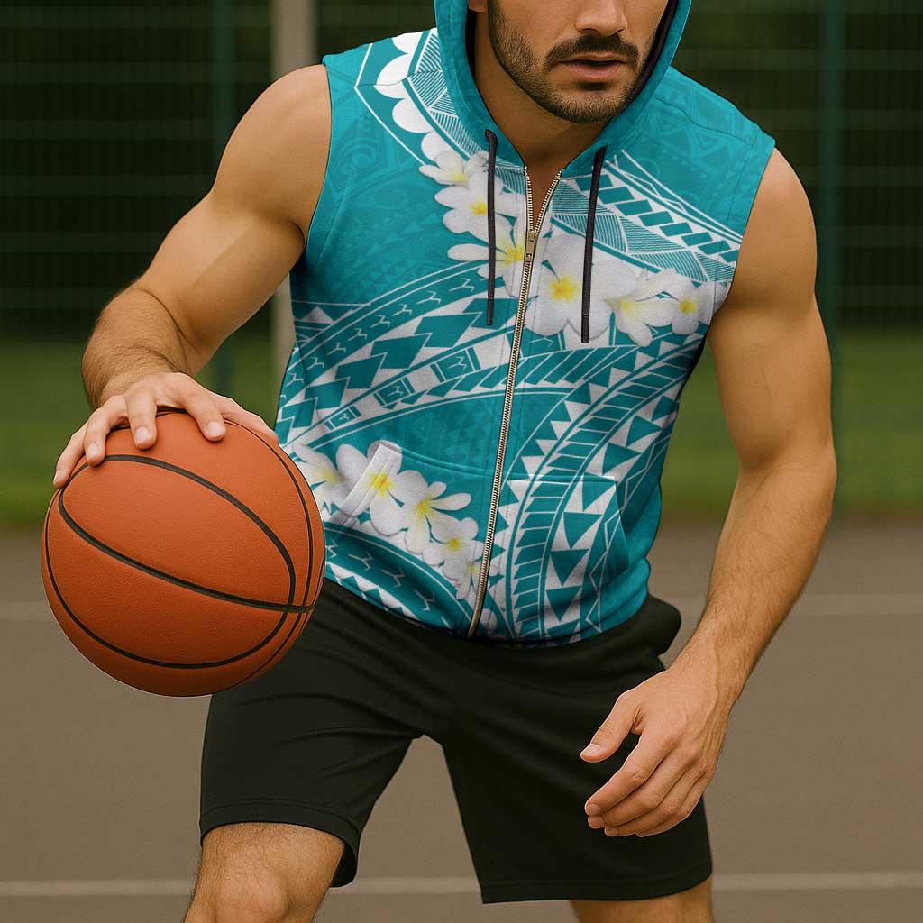 Polynesian Vintage Floral Sleeveless Zip Hoodie Teal Motifs - Polynesian Pride