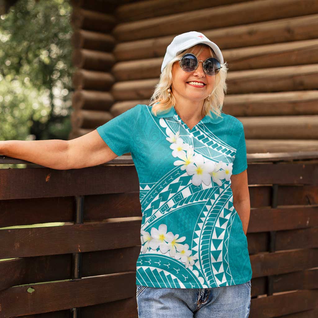 Polynesian Vintage Floral Women Polo Shirt Teal Motifs - Polynesian Pride