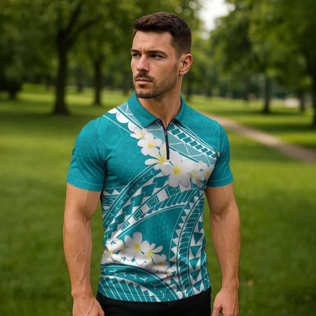 Polynesian Vintage Floral Zipper Polo Shirt Teal Motifs - Polynesian Pride