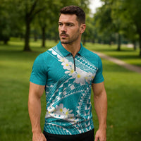 Polynesian Vintage Floral Zipper Polo Shirt Teal Motifs - Polynesian Pride