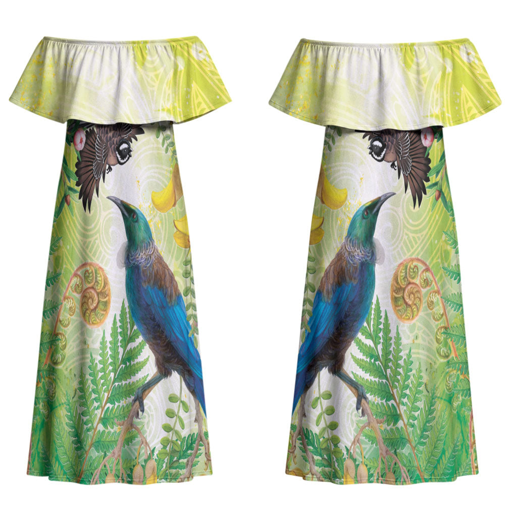 New Zealand Maori Mahuru Couples Matching Off Shoulder Maxi Dress and Hawaiian Shirt Tui With Pikawakawa Spring Colors LT7 - Polynesian Pride