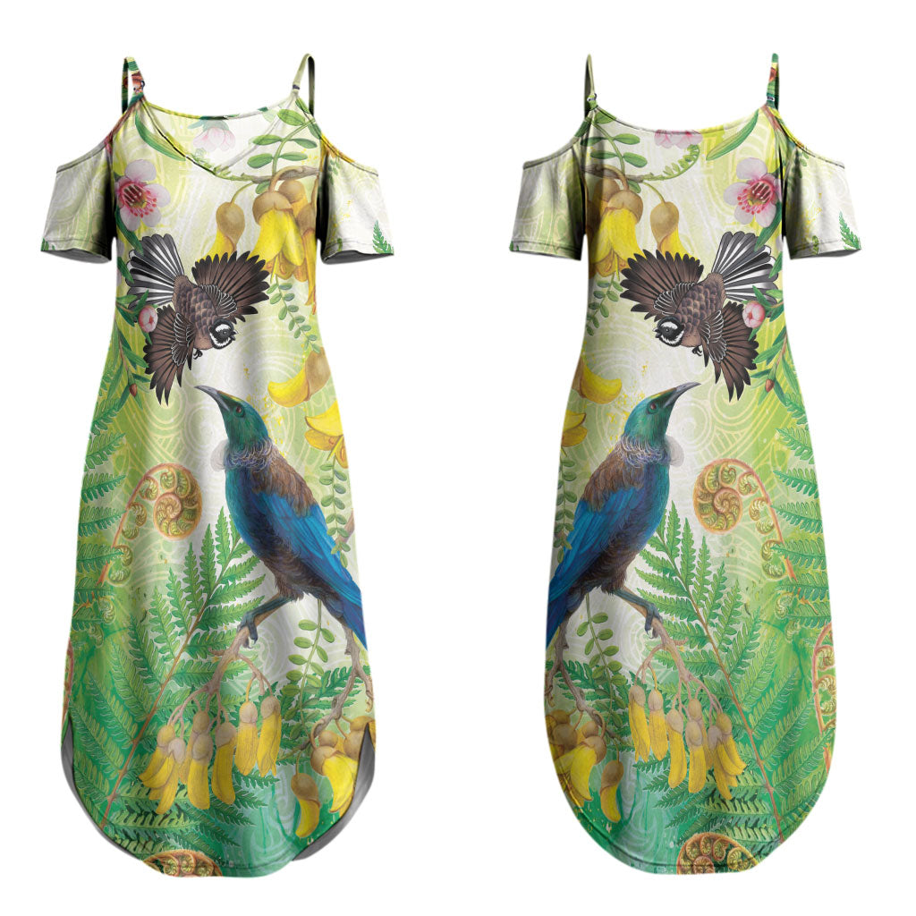 New Zealand Maori Mahuru Couples Matching Summer Maxi Dress and Hawaiian Shirt Tui With Pikawakawa Spring Colors LT7 - Polynesian Pride