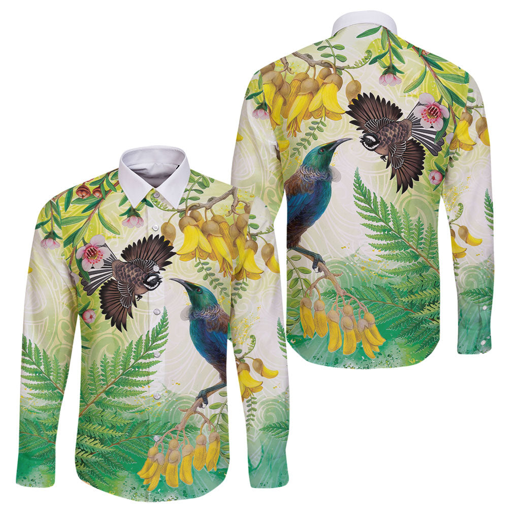 New Zealand Maori Mahuru Family Matching Mermaid Dress and Hawaiian Shirt Tui With Pikawakawa Spring Colors LT7 Dad's Shirt - Long Sleeve Multicolor - Polynesian Pride