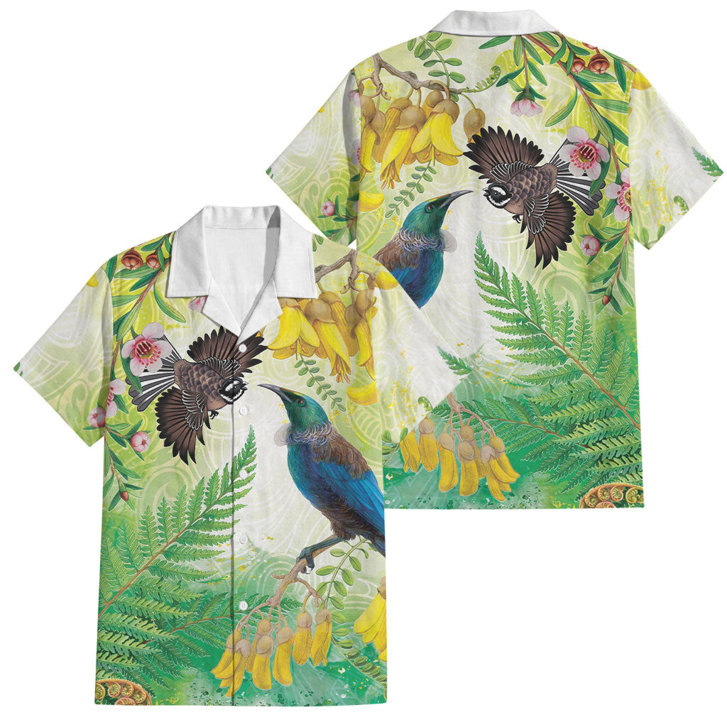 New Zealand Maori Mahuru Family Matching Off The Shoulder Long Sleeve Dress and Hawaiian Shirt Tui With Pikawakawa Spring Colors LT7 Dad's Shirt - Short Sleeve Multicolor - Polynesian Pride