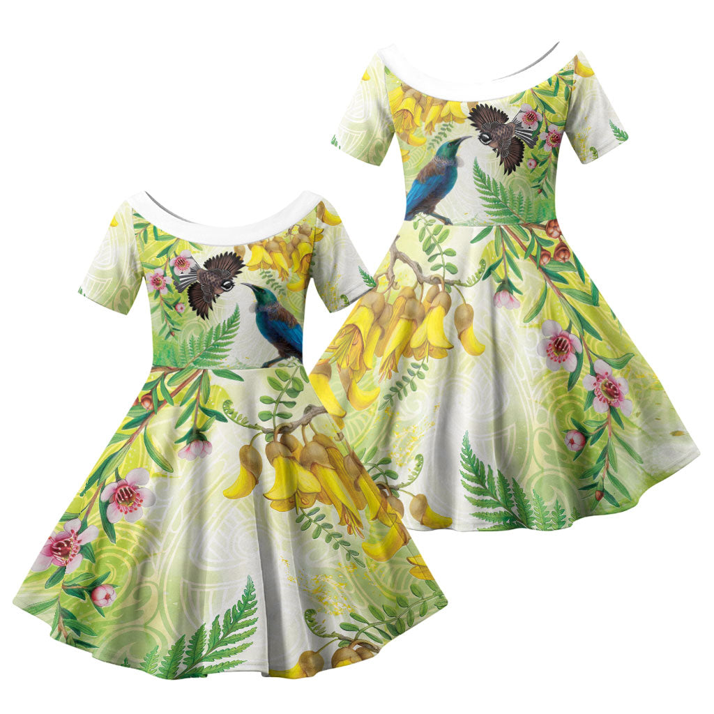 New Zealand Maori Mahuru Family Matching Puletasi and Hawaiian Shirt Tui With Pikawakawa Spring Colors LT7 Daughter's Dress Multicolor - Polynesian Pride