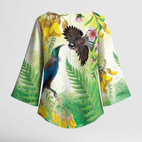 New Zealand Maori Mahuru Kimono Sleeve Blouse Tui With Pikawakawa Spring Colors LT7 - Polynesian Pride
