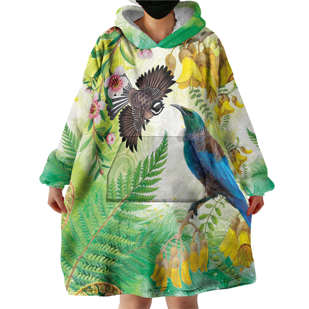 New Zealand Maori Mahuru Wearable Blanket Hoodie Tui With Pikawakawa Spring Colors LT7 - Polynesian Pride