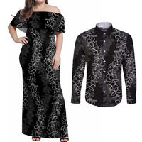 Hawaii Plumeria Lei Couples Matching Off Shoulder Maxi Dress and Long Sleeve Button Shirt Aloha Festive Vibe