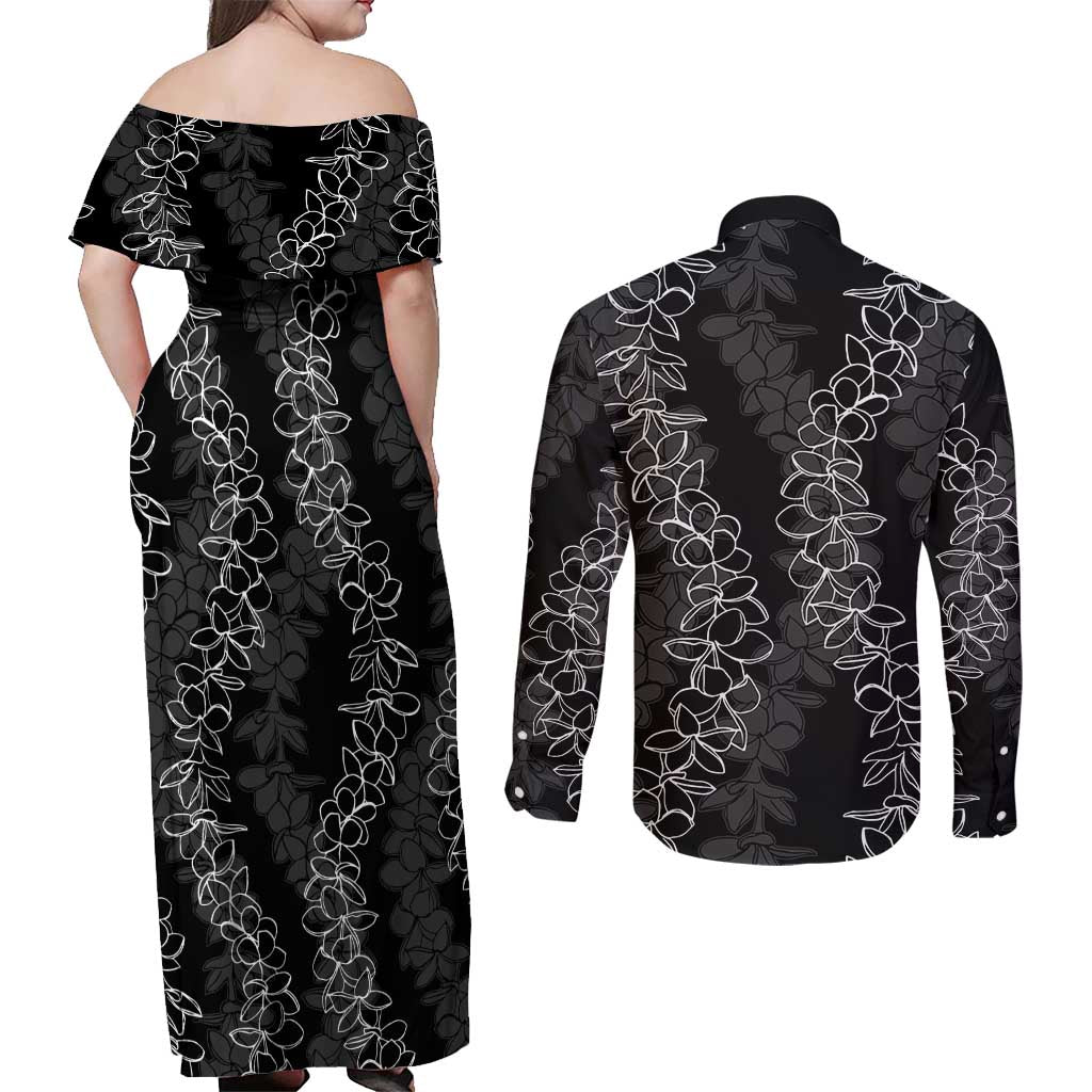 Hawaii Plumeria Lei Couples Matching Off Shoulder Maxi Dress and Long Sleeve Button Shirt Aloha Festive Vibe