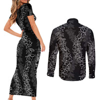 Hawaii Plumeria Lei Couples Matching Short Sleeve Bodycon Dress and Long Sleeve Button Shirt Aloha Festive Vibe