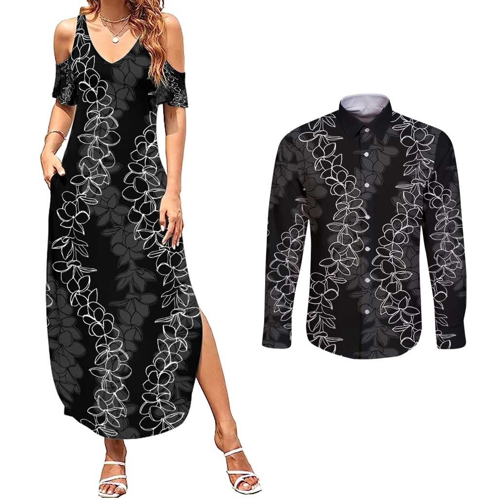 Hawaii Plumeria Lei Couples Matching Summer Maxi Dress and Long Sleeve Button Shirt Aloha Festive Vibe LT7 Black - Polynesian Pride