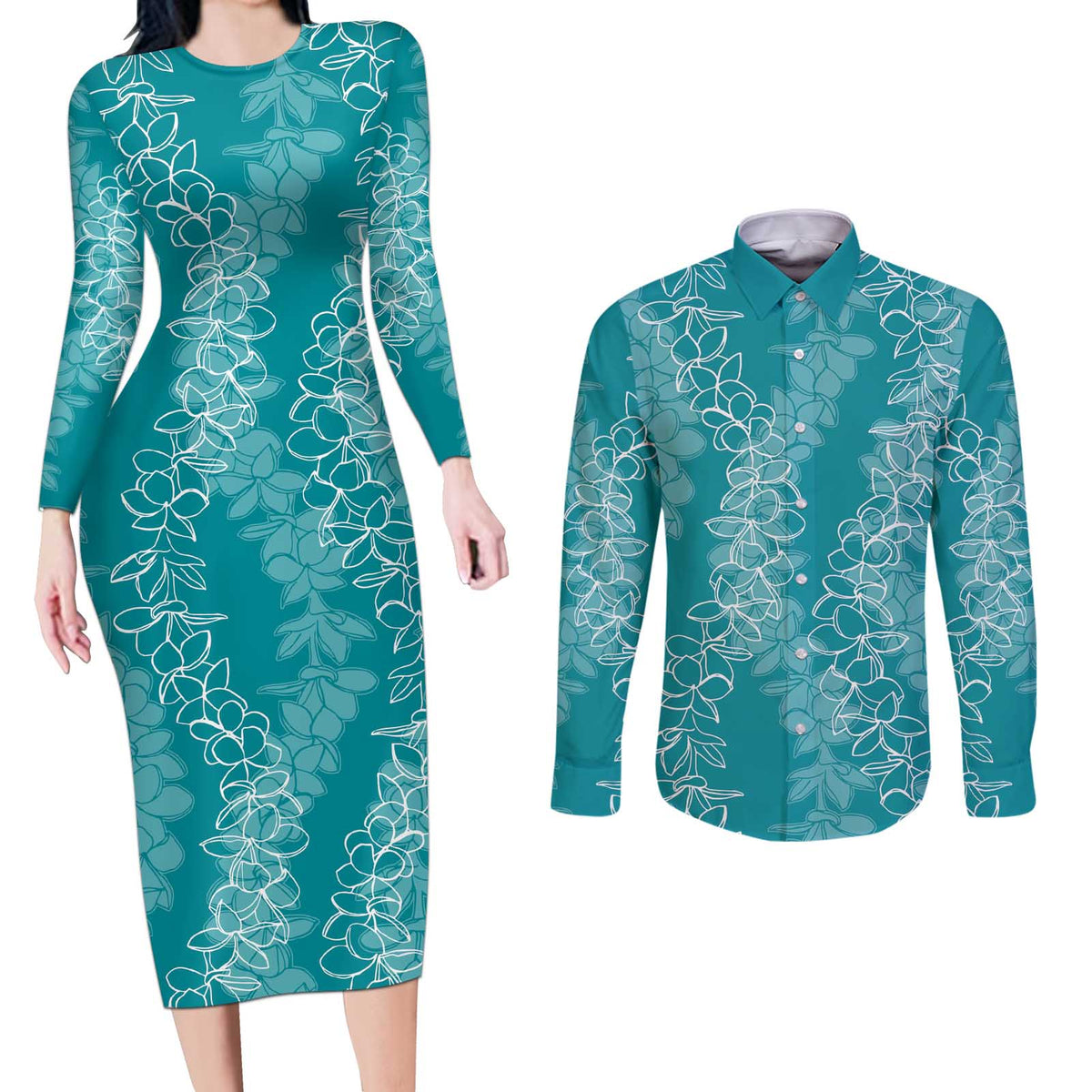 Hawaii Plumeria Lei Couples Matching Long Sleeve Bodycon Dress and Long Sleeve Button Shirt Aloha Festive Vibe - Teal