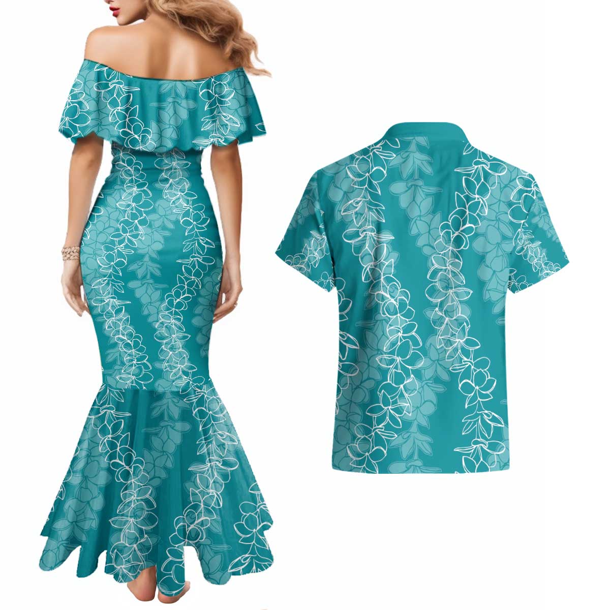 Hawaii Plumeria Lei Couples Matching Mermaid Dress and Hawaiian Shirt Aloha Festive Vibe - Teal LT7 - Polynesian Pride