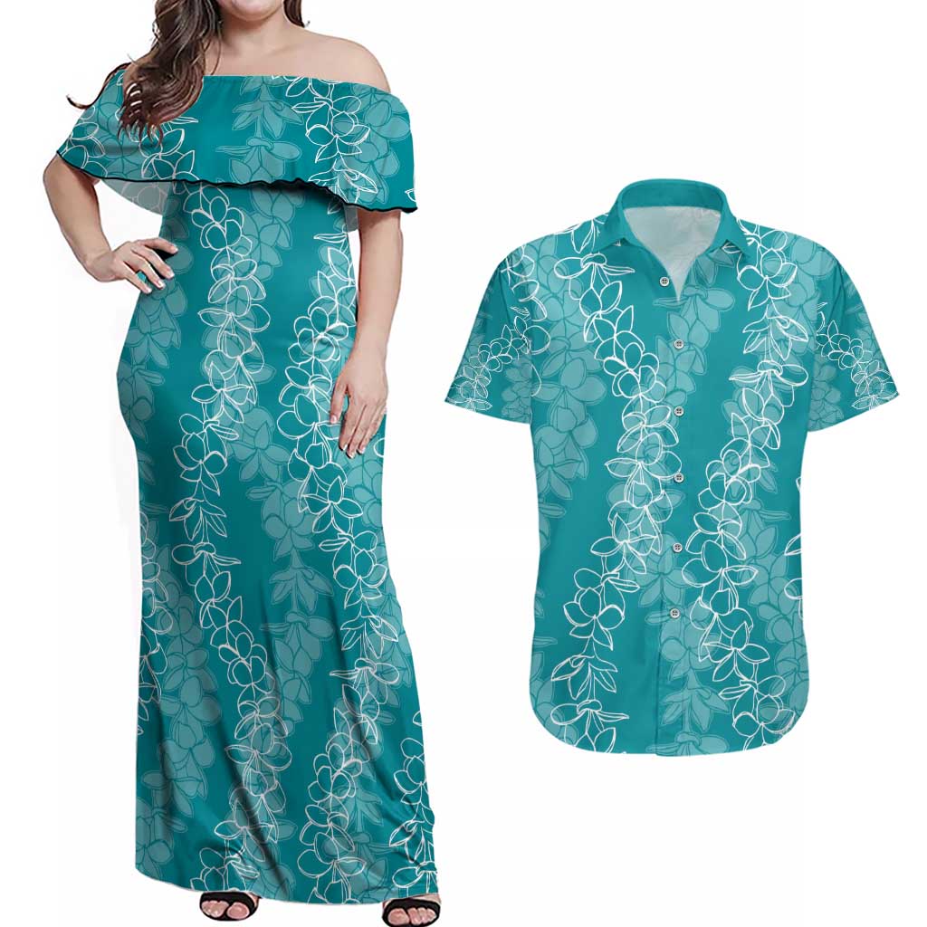 Hawaii Plumeria Lei Couples Matching Off Shoulder Maxi Dress and Hawaiian Shirt Aloha Festive Vibe - Teal