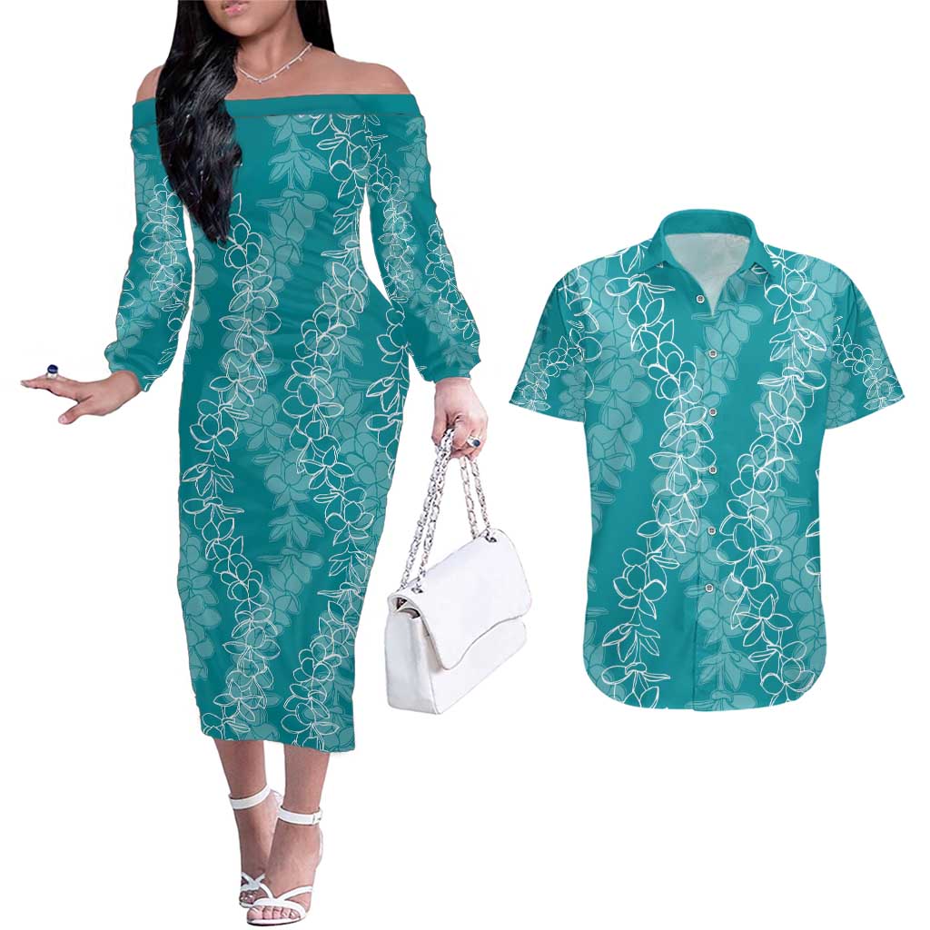 Hawaii Plumeria Lei Couples Matching Off The Shoulder Long Sleeve Dress and Hawaiian Shirt Aloha Festive Vibe - Teal