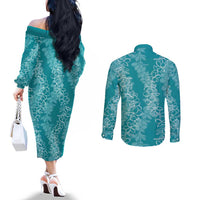 Hawaii Plumeria Lei Couples Matching Off The Shoulder Long Sleeve Dress and Long Sleeve Button Shirt Aloha Festive Vibe - Teal LT7 - Polynesian Pride