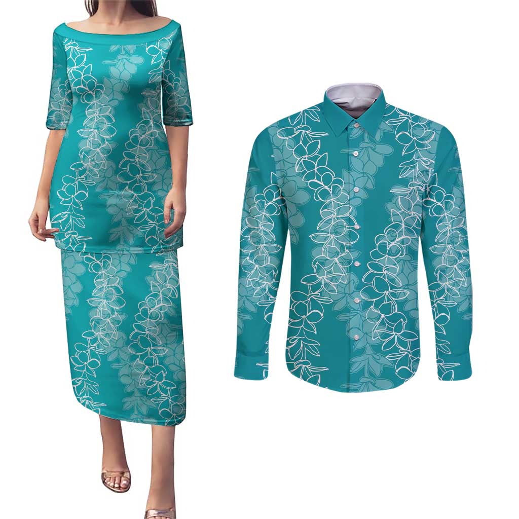 Hawaii Plumeria Lei Couples Matching Puletasi and Long Sleeve Button Shirt Aloha Festive Vibe - Teal