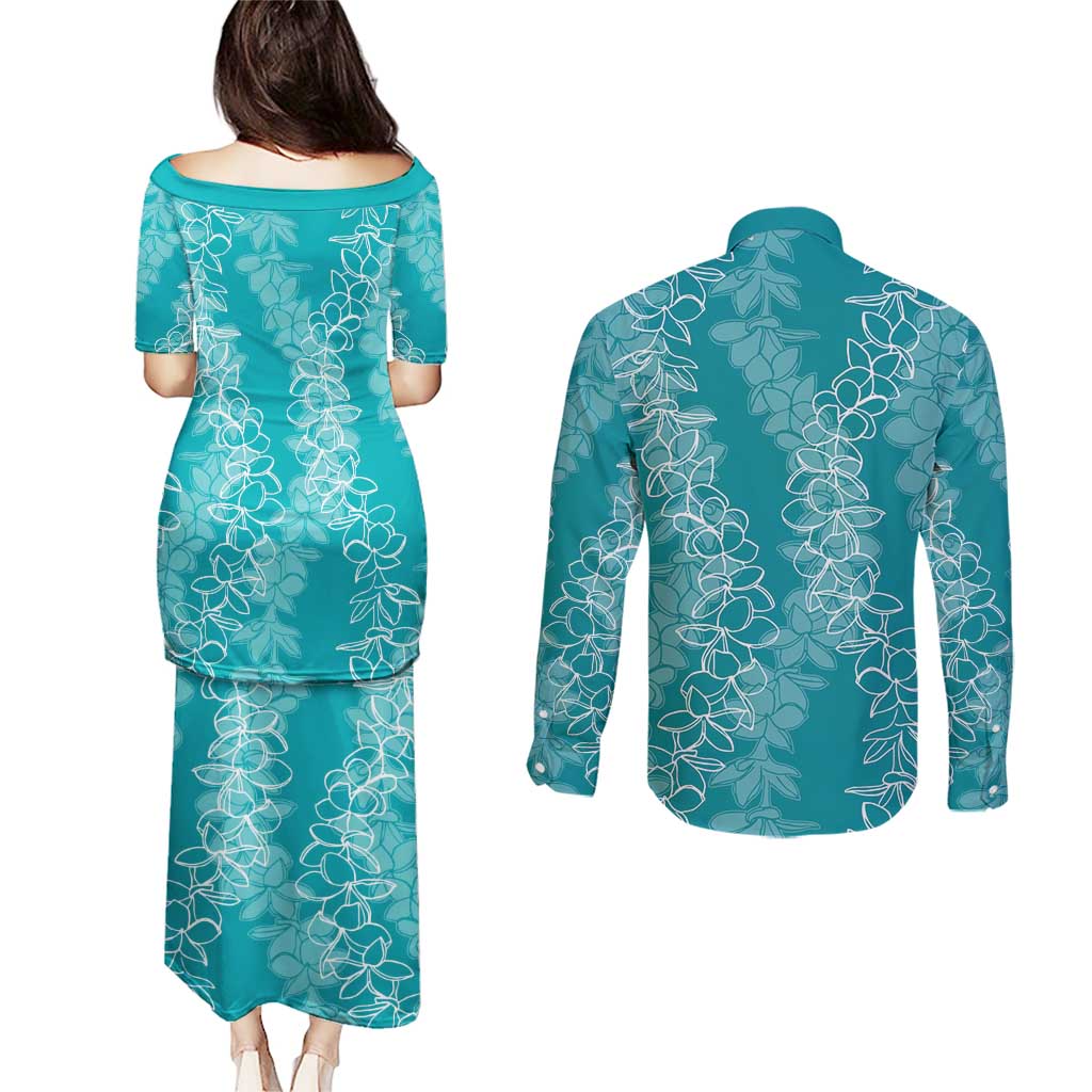 Hawaii Plumeria Lei Couples Matching Puletasi and Long Sleeve Button Shirt Aloha Festive Vibe - Teal