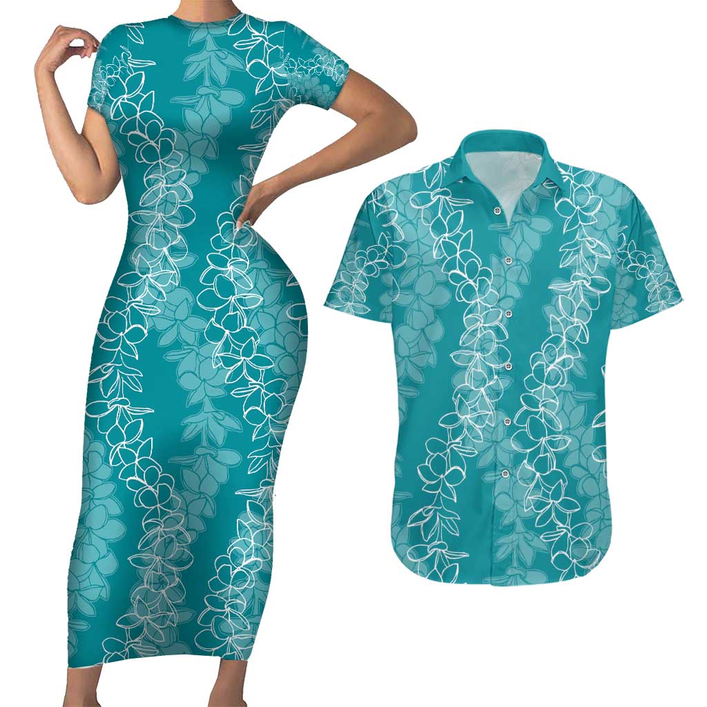 Hawaii Plumeria Lei Couples Matching Short Sleeve Bodycon Dress and Hawaiian Shirt Aloha Festive Vibe - Teal