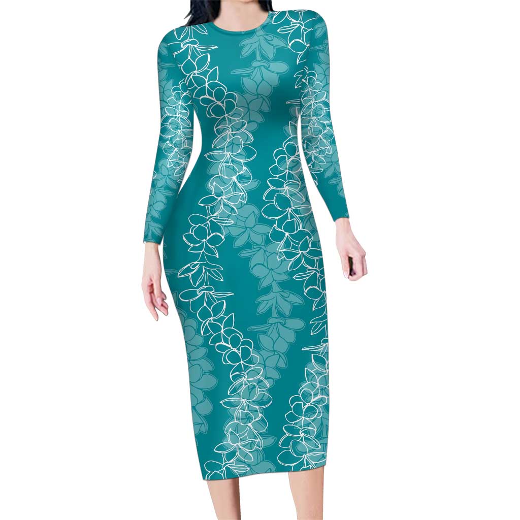 Hawaii Plumeria Lei Family Matching Long Sleeve Bodycon Dress and Hawaiian Shirt Aloha Festive Vibe - Teal LT7 Mom's Dress Teal - Polynesian Pride