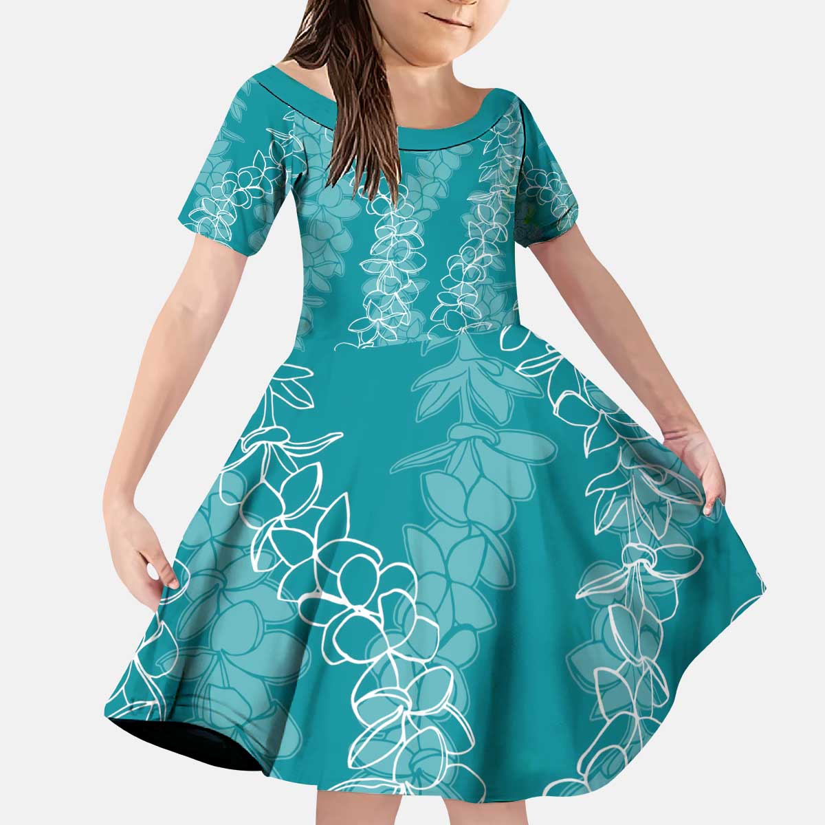 Hawaii Plumeria Lei Family Matching Puletasi and Hawaiian Shirt Aloha Festive Vibe - Teal LT7 Daughter's Dress Teal - Polynesian Pride