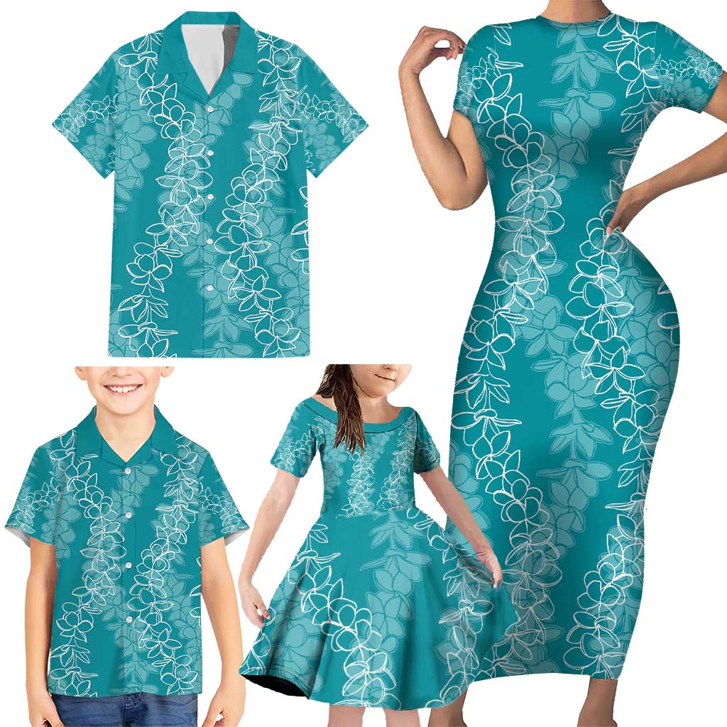 Hawaii Plumeria Lei Family Matching Short Sleeve Bodycon Dress and Hawaiian Shirt Aloha Festive Vibe - Teal LT7 - Polynesian Pride
