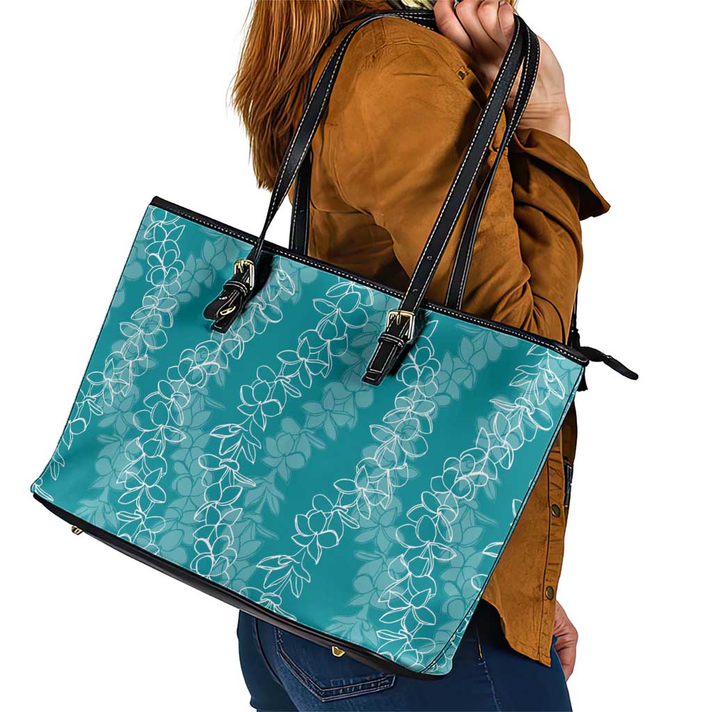 Hawaii Plumeria Lei Leather Tote Bag Aloha Festive Vibe - Teal