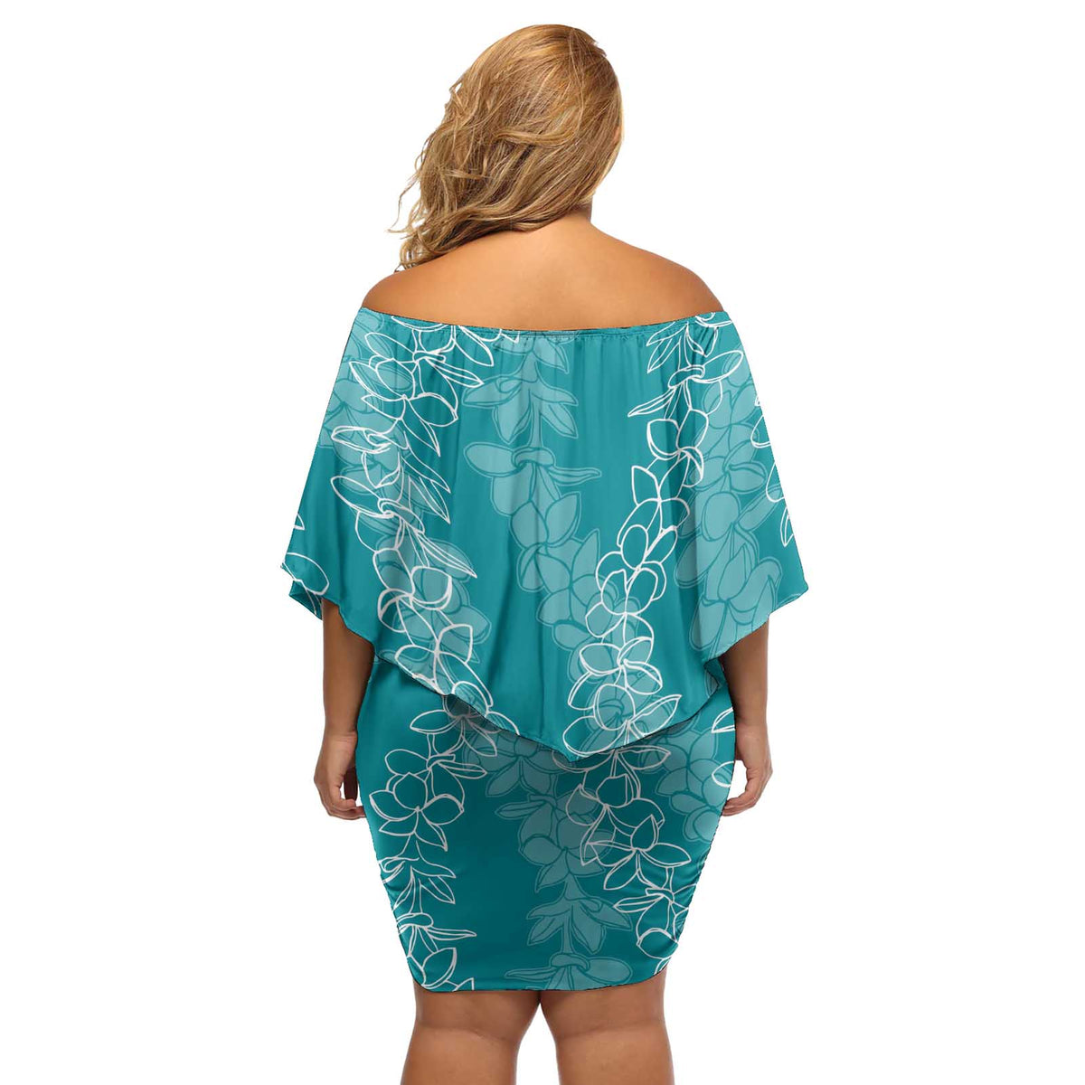 Hawaii Plumeria Lei Off Shoulder Short Dress Aloha Festive Vibe - Teal